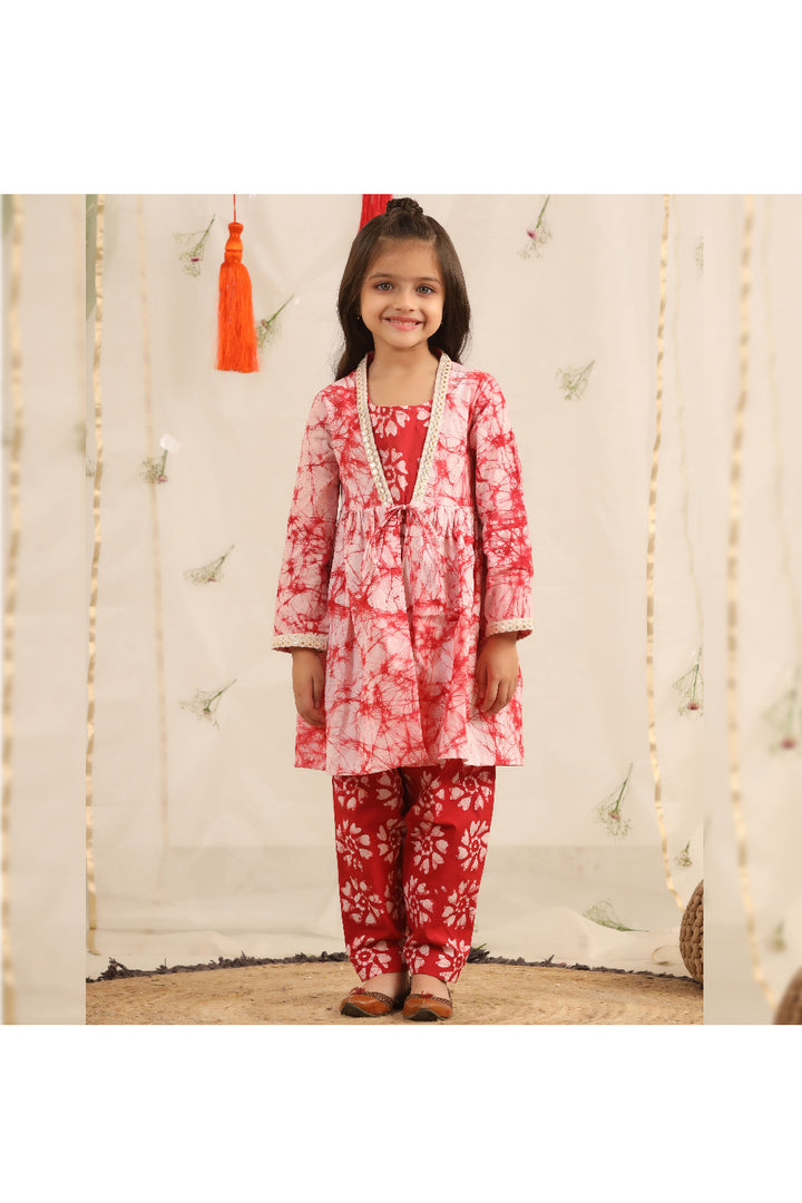 Red And White Printed Peplum Style Cotton Top With Pant Set