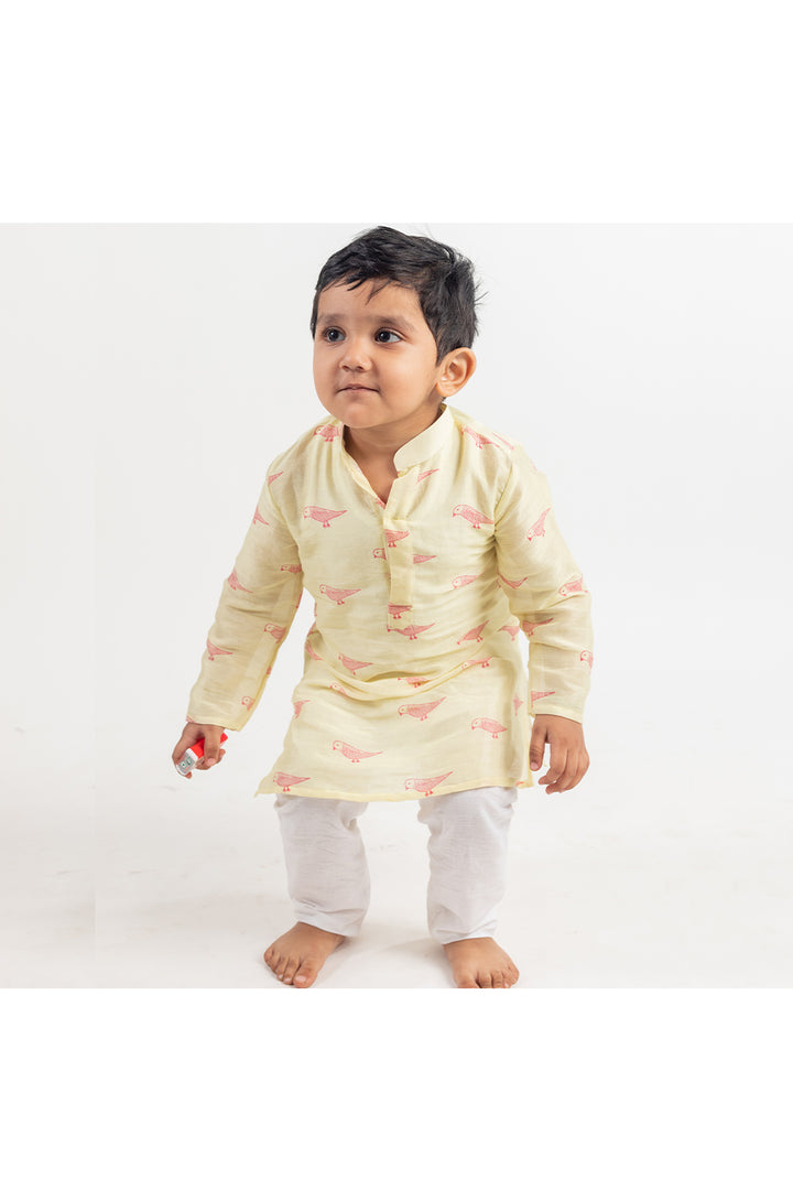 Green Bird Printed Chanderi Kurta And Pyjama Set