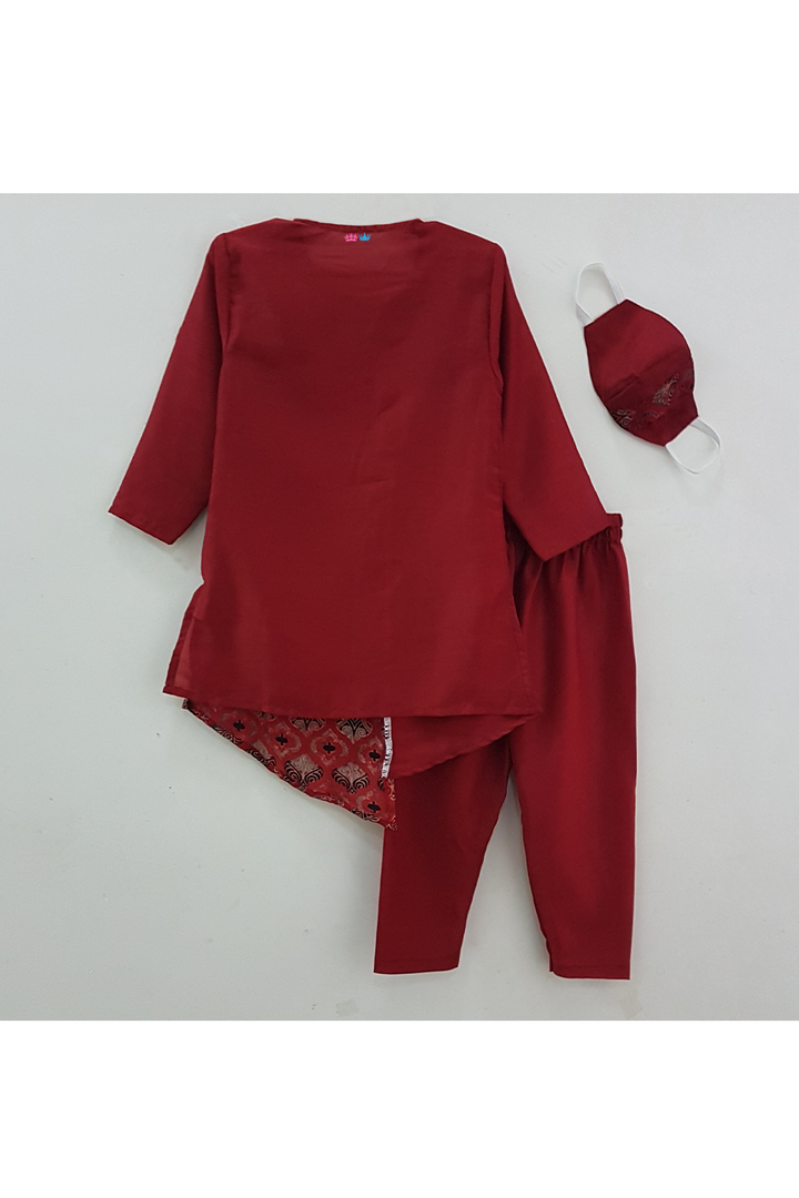 Brick red printed kurta pyjama with mask set