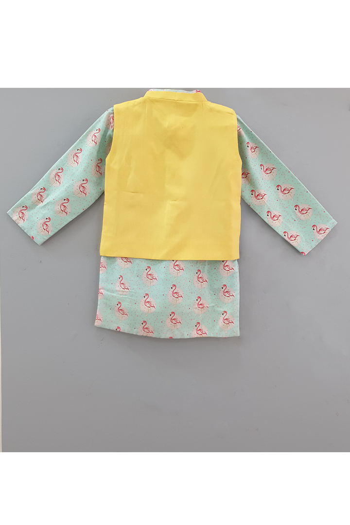 Flamingo printed kurta with yellow jacket and churidar