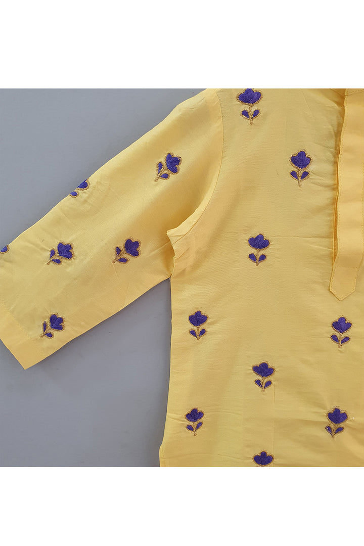 Yellow Embroidered Cotton Kurta With Pyjama Set