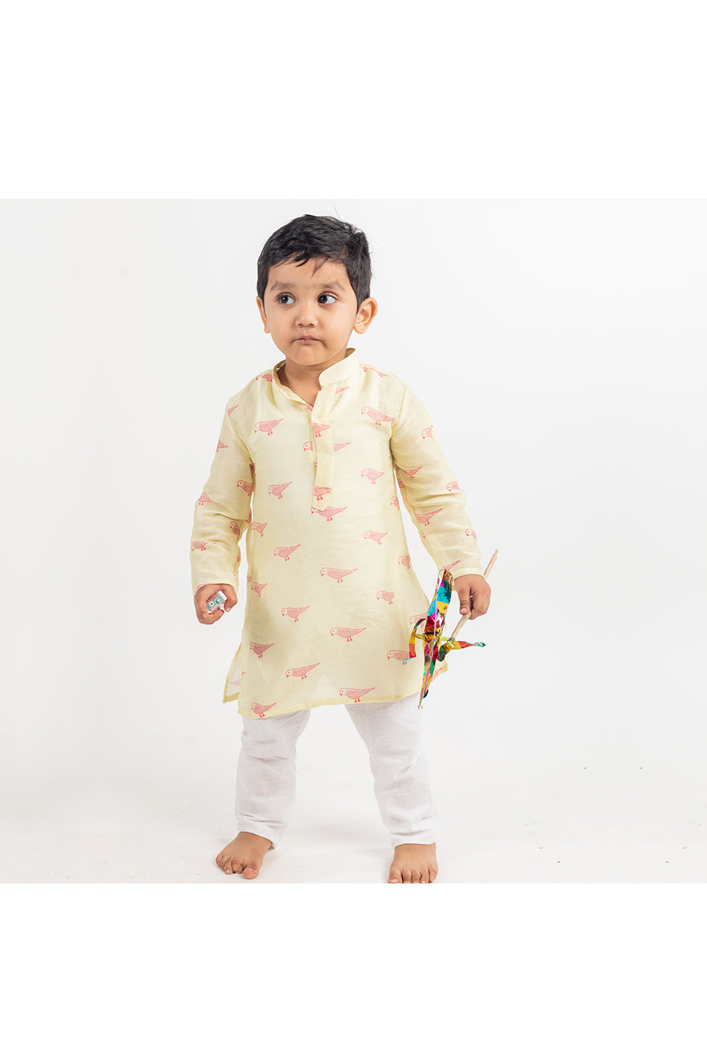 Green Bird Printed Chanderi Kurta And Pyjama Set