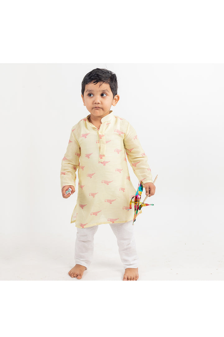 Green Bird Printed Chanderi Kurta And Pyjama Set