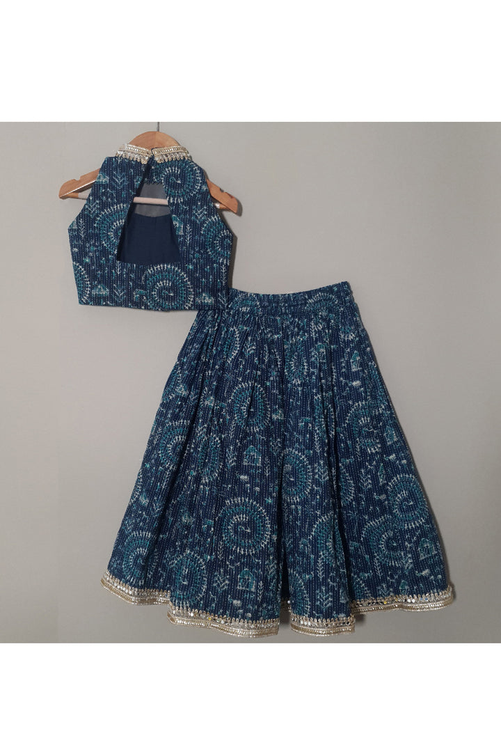 Blue Printed Halter Neck Cotton Top With Lehenga Set