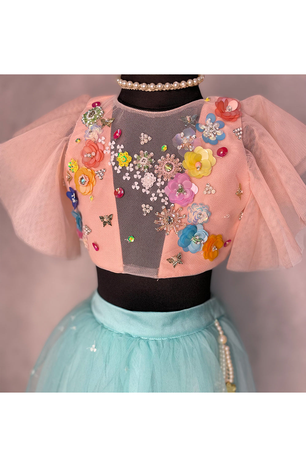 Peach Hand Embroidered Choli With Aqua Blue Tulle Lehenga