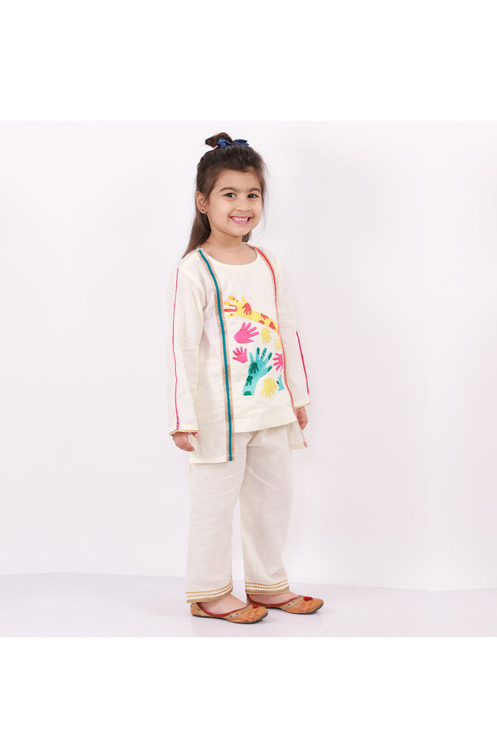 Off White Holi Hand Yoke Embroidered Kurta With Pyjama
