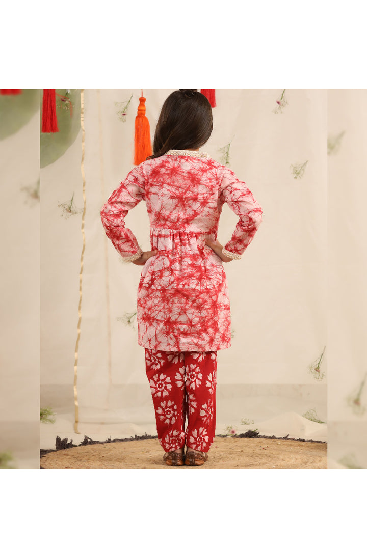 Red And White Printed Peplum Style Cotton Top With Pant Set