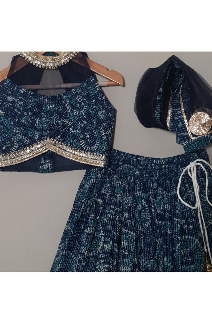 Blue Printed Halter Neck Cotton Top With Lehenga Set
