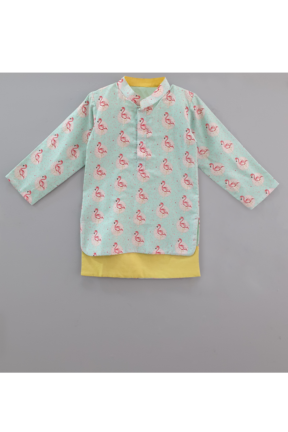 Flamingo printed kurta with yellow jacket and churidar