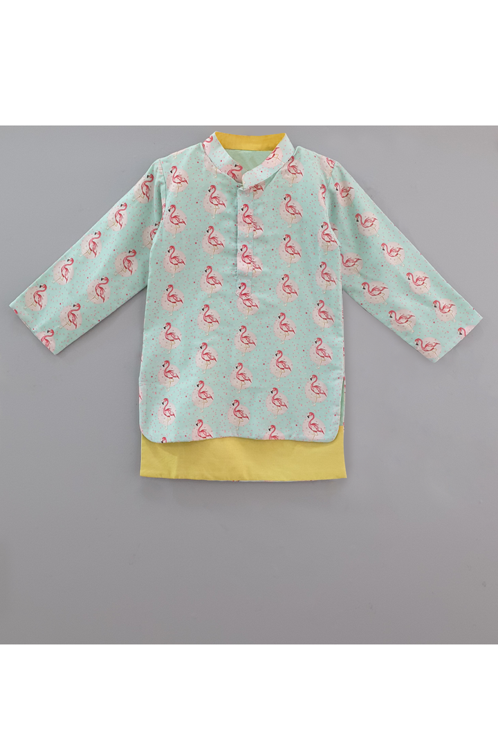 Flamingo printed kurta with yellow jacket and churidar