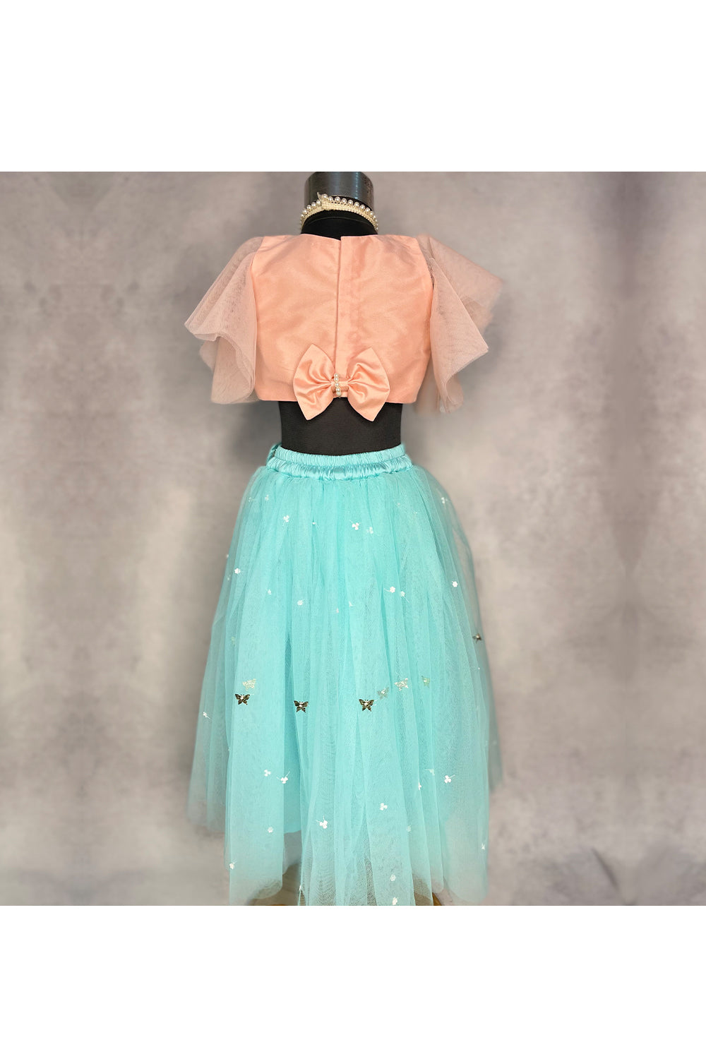 Peach Hand Embroidered Choli With Aqua Blue Tulle Lehenga