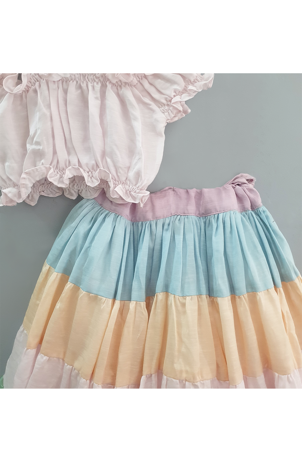 Off shoulder balloon sleeves top with rainbow ghagra