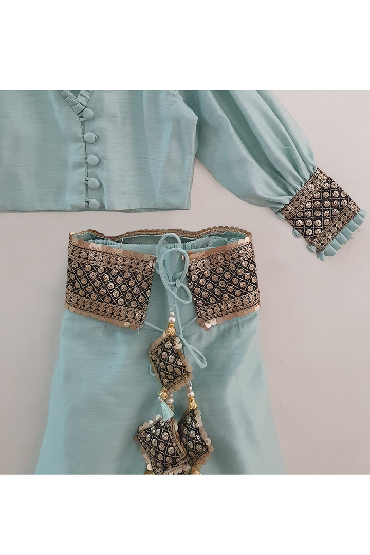 Pastel green top with detachable sequin work belt and palazzo
