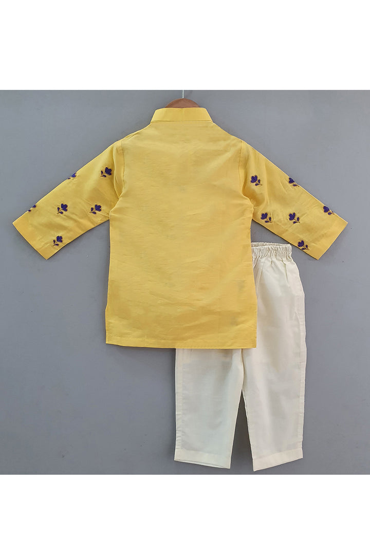 Yellow Embroidered Cotton Kurta With Pyjama Set