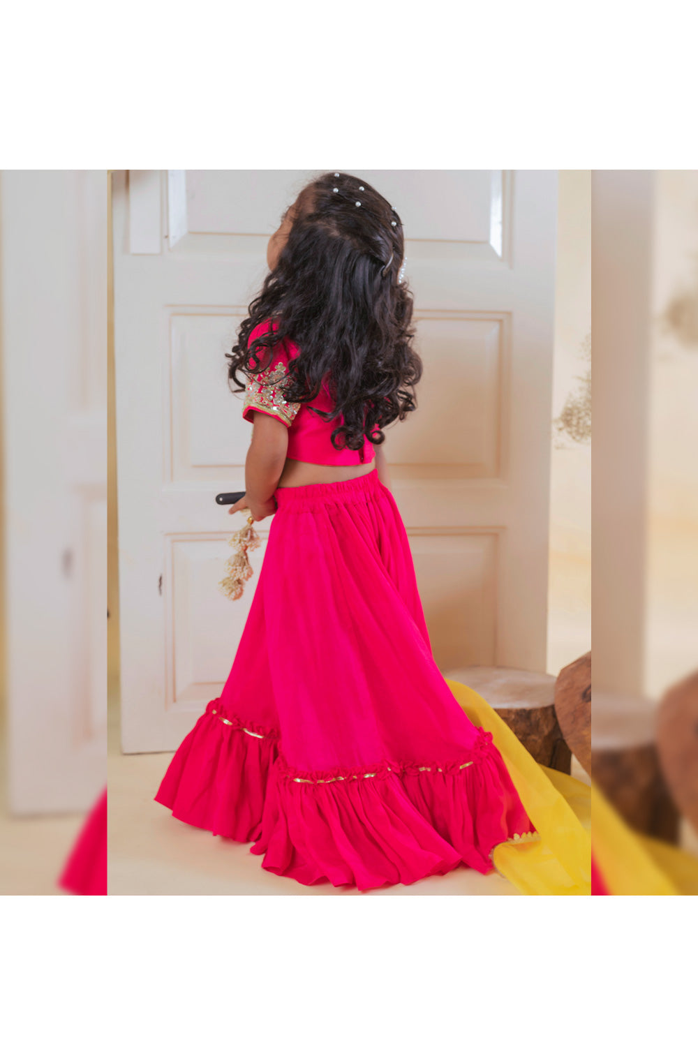 Pink Sequins Embroidered Top With Frill Lehenga Set