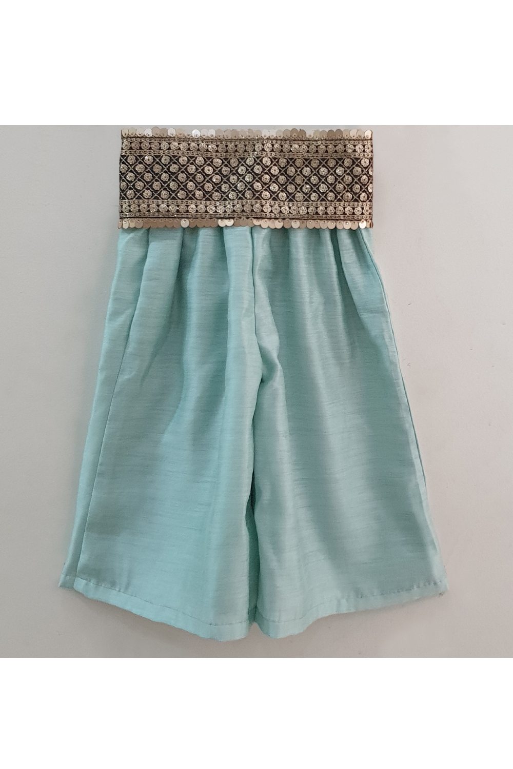 Pastel green top with detachable sequin work belt and palazzo