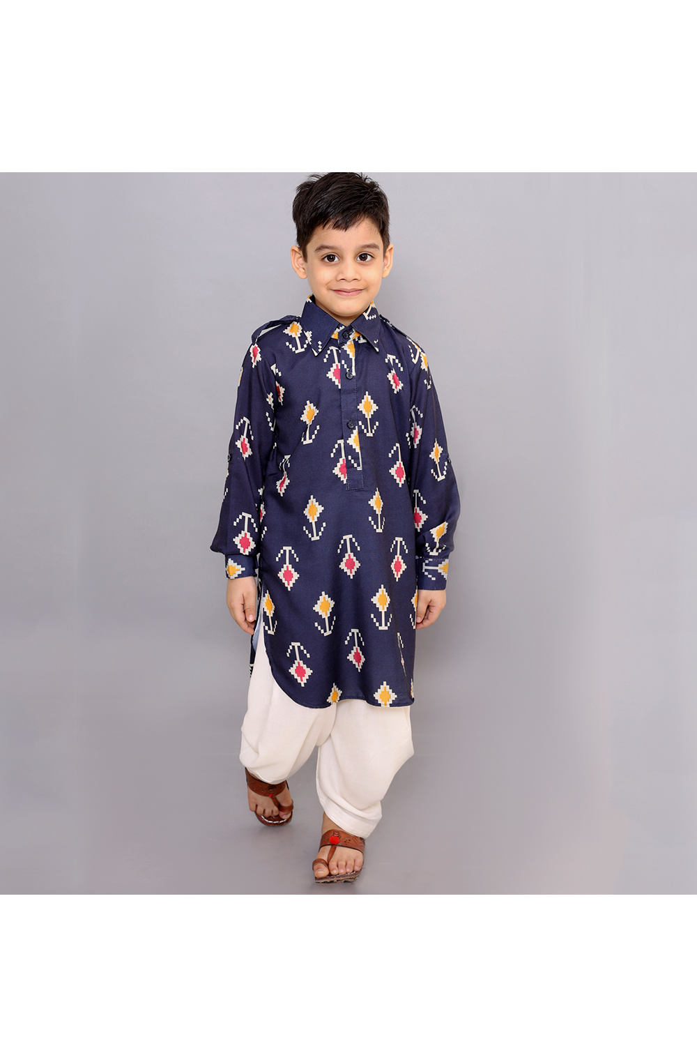 Dark navy blue printed kurta with off white pajama set