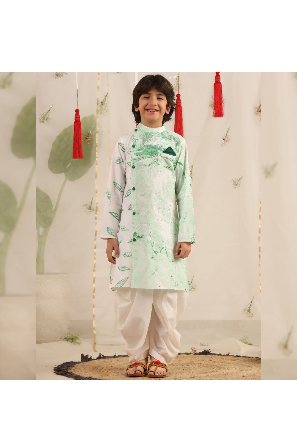White And Green Leaf Printed Cotton Kurta With Salwar Set