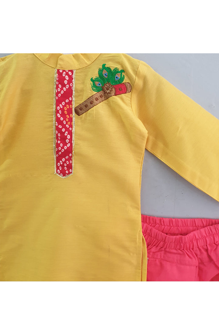 Yellow Flute Embroidered Kurta With Pink Dhoti Set