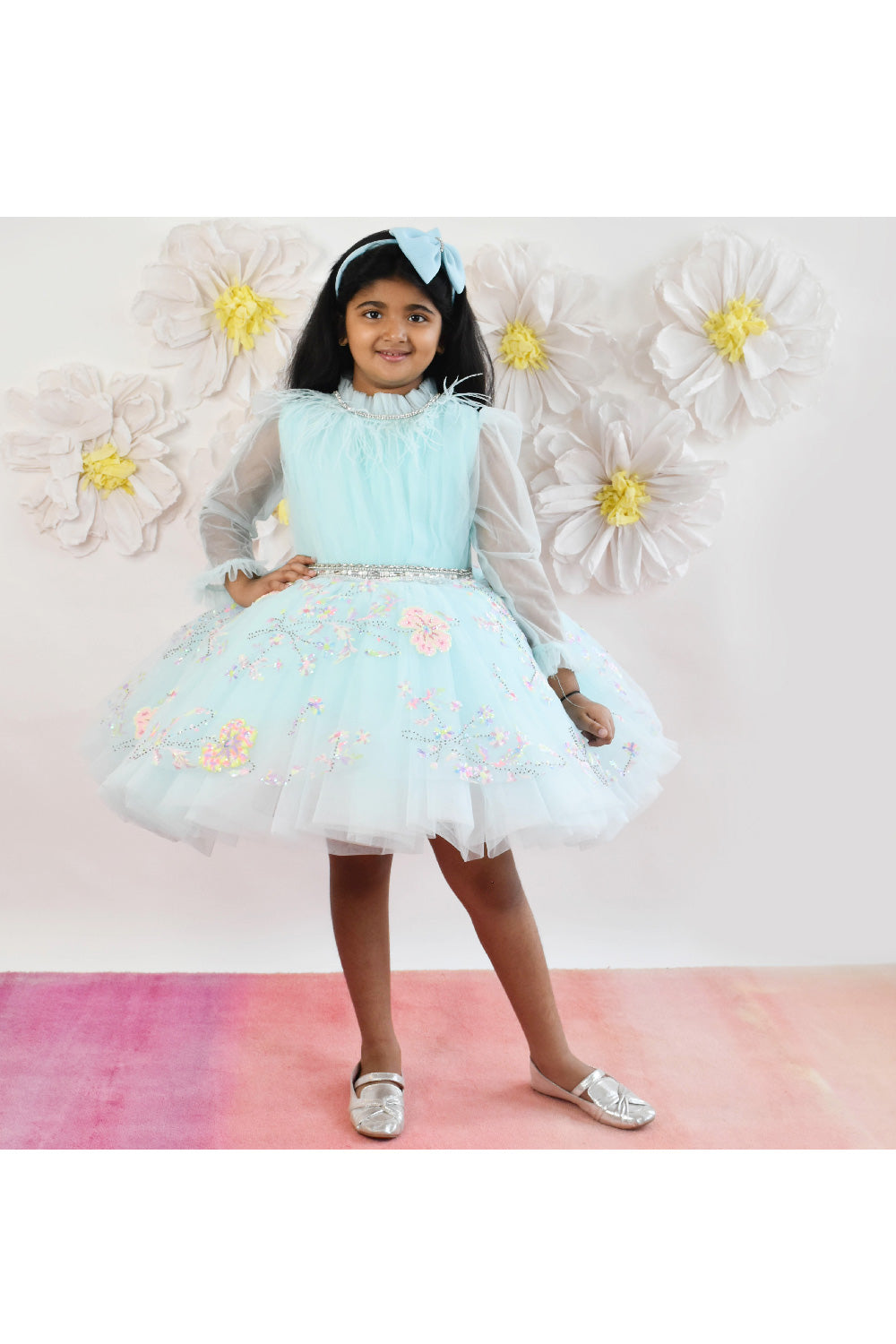 Aqua Blue Floral Embroidered Net Dress