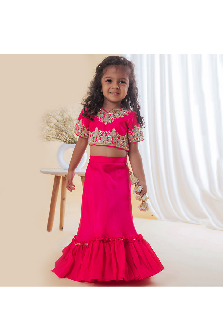 Pink Sequins Embroidered Top With Frill Lehenga Set