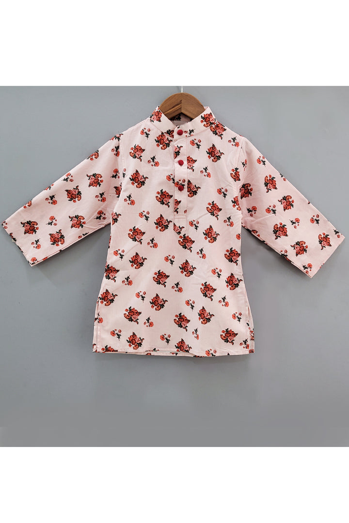 Red Rose Printed Kurta With Nehru Jacket And White Pyjama