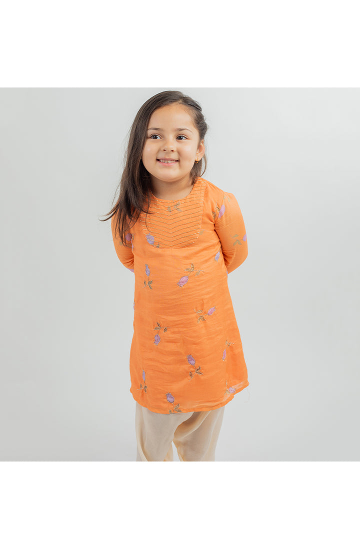 Orange muslin digital printed kurta with dhoti