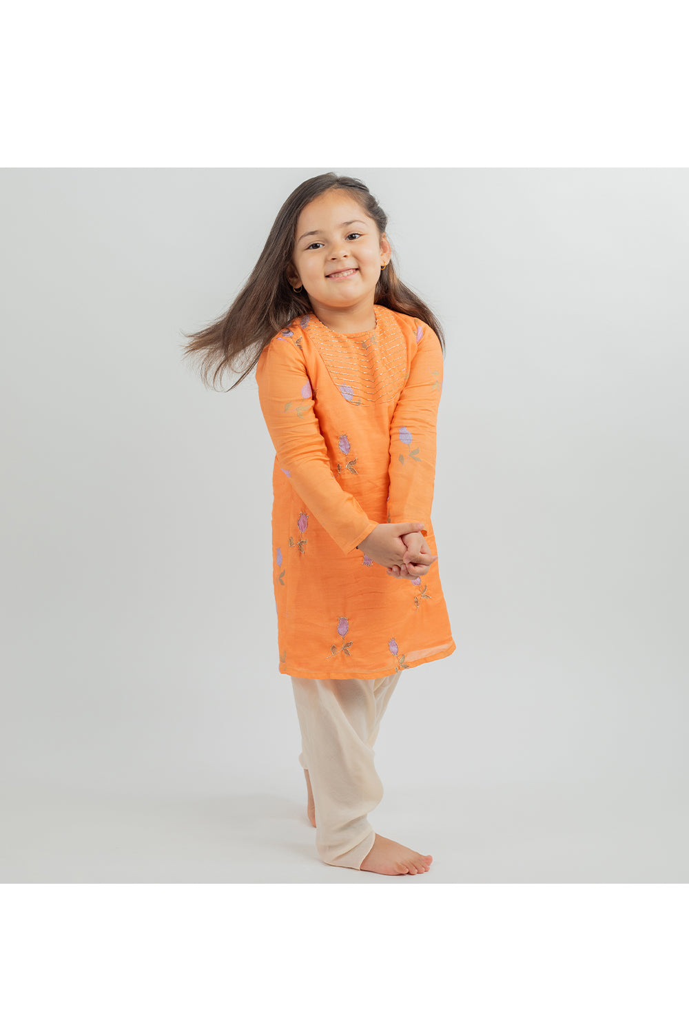 Orange muslin digital printed kurta with dhoti