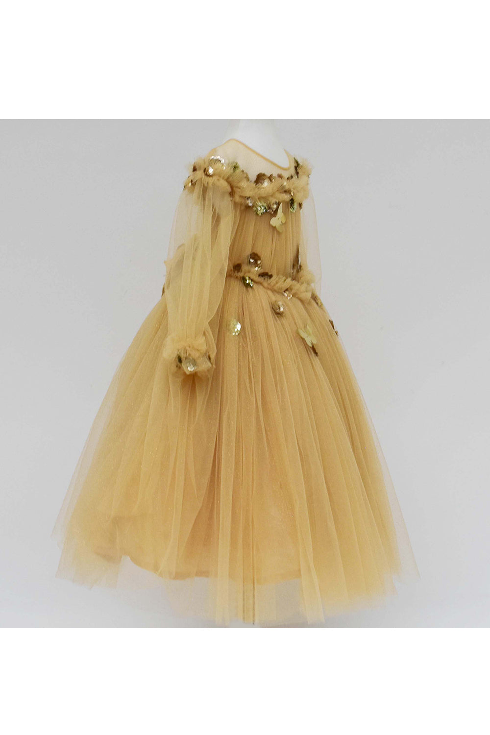 Golden glitter gown with flowers and butterflies