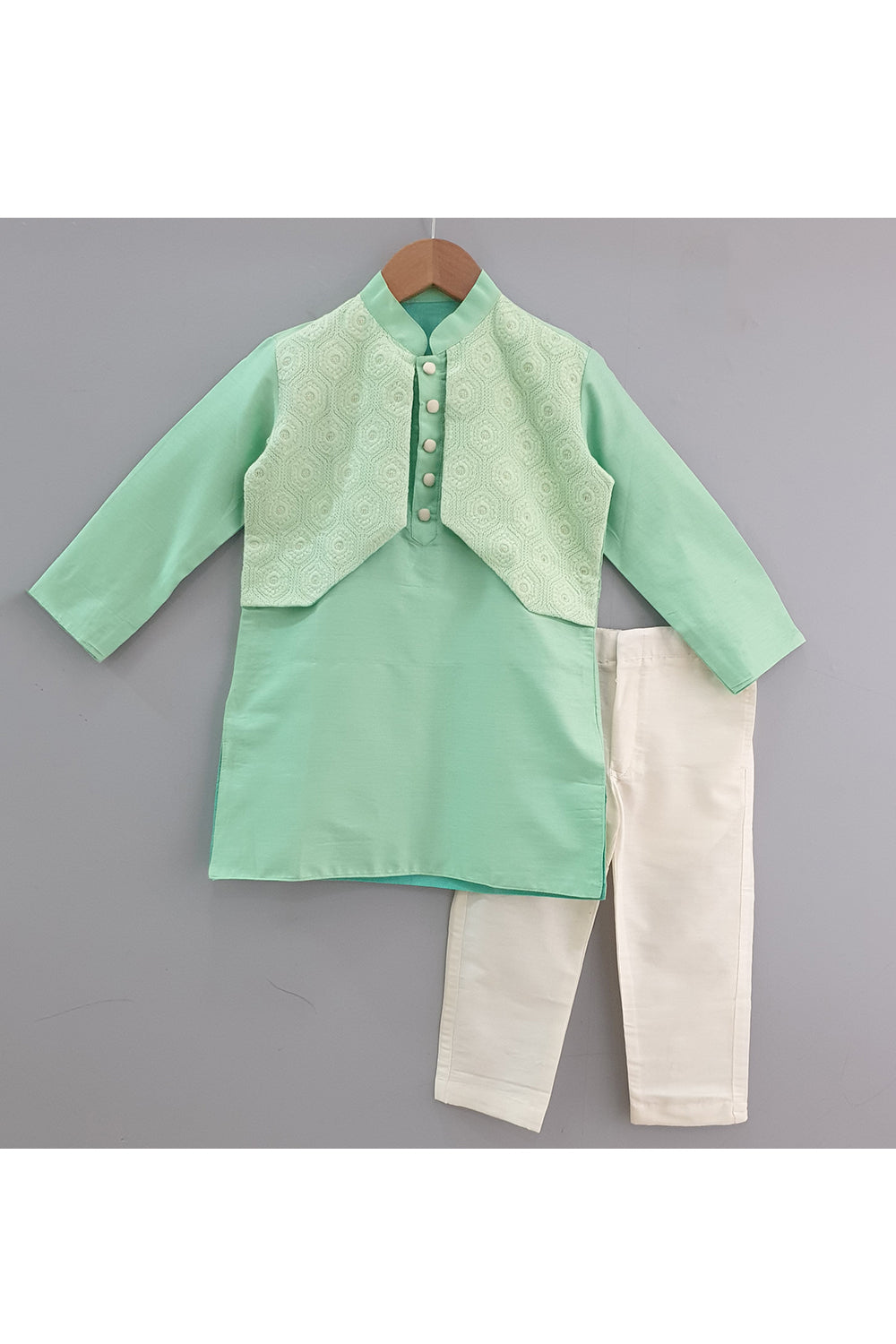 Green kurta with attached jacket and pants