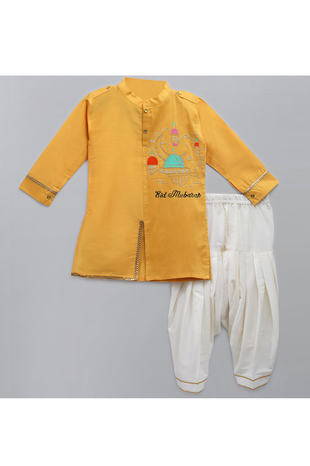Yellow Eid Mubarak Embroidered Kurta With Off White Salwar Set
