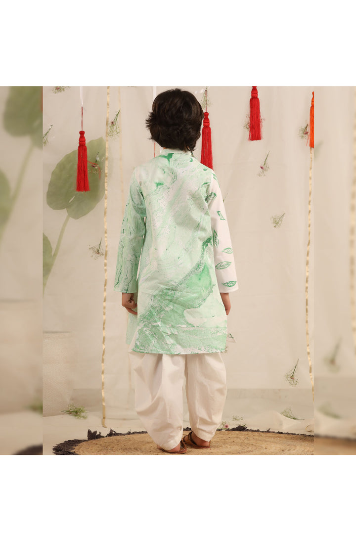White And Green Leaf Printed Cotton Kurta With Salwar Set