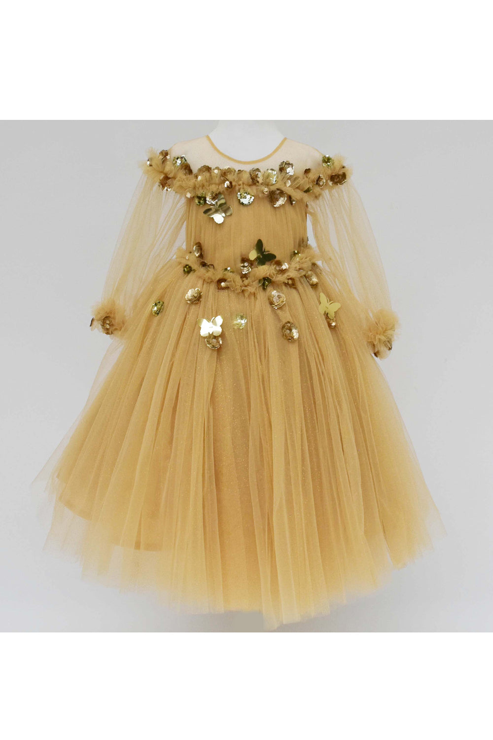 Golden glitter gown with flowers and butterflies