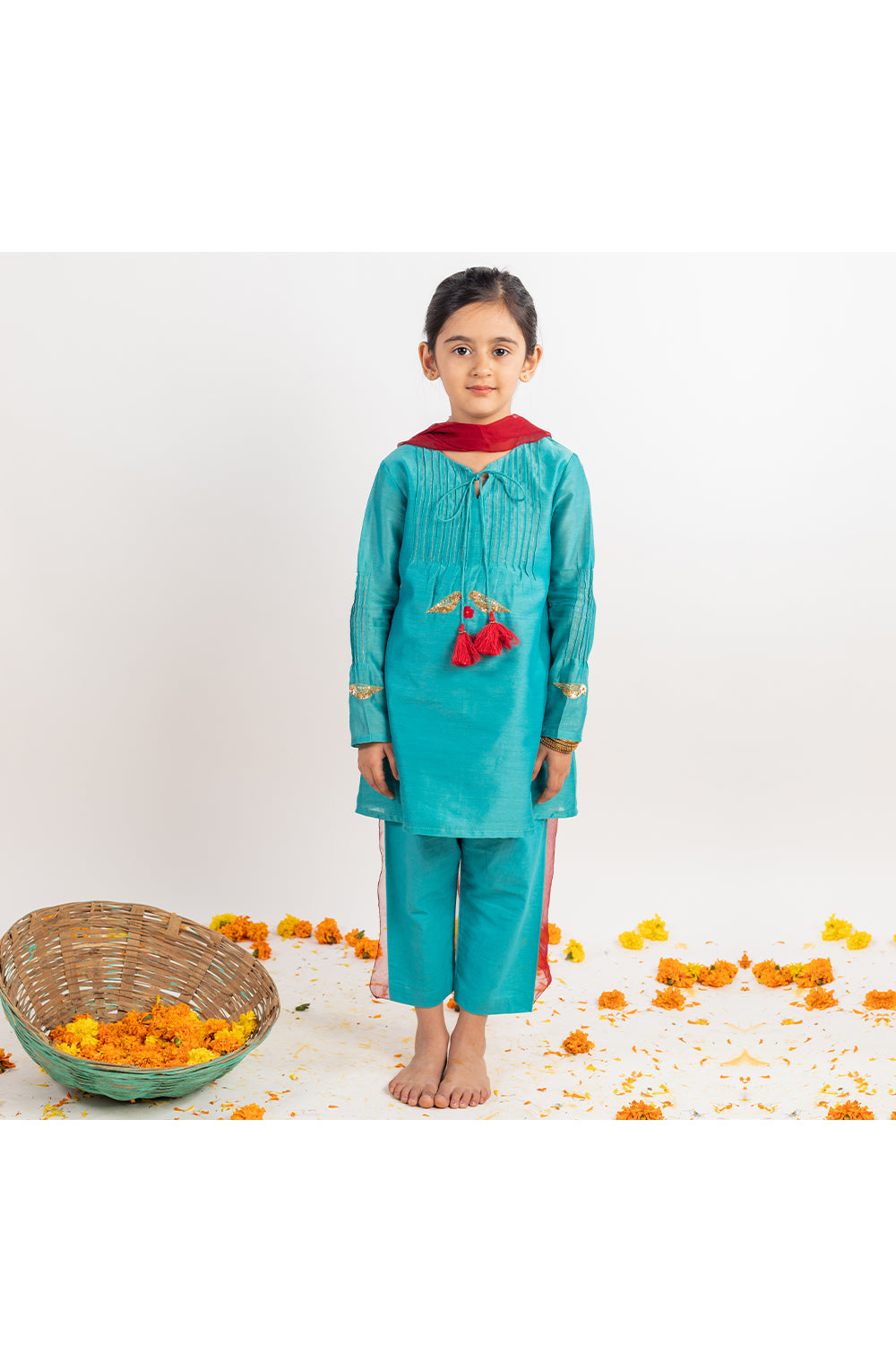Teal Blue Chanderi Kurta With Pant And Dupatta Set