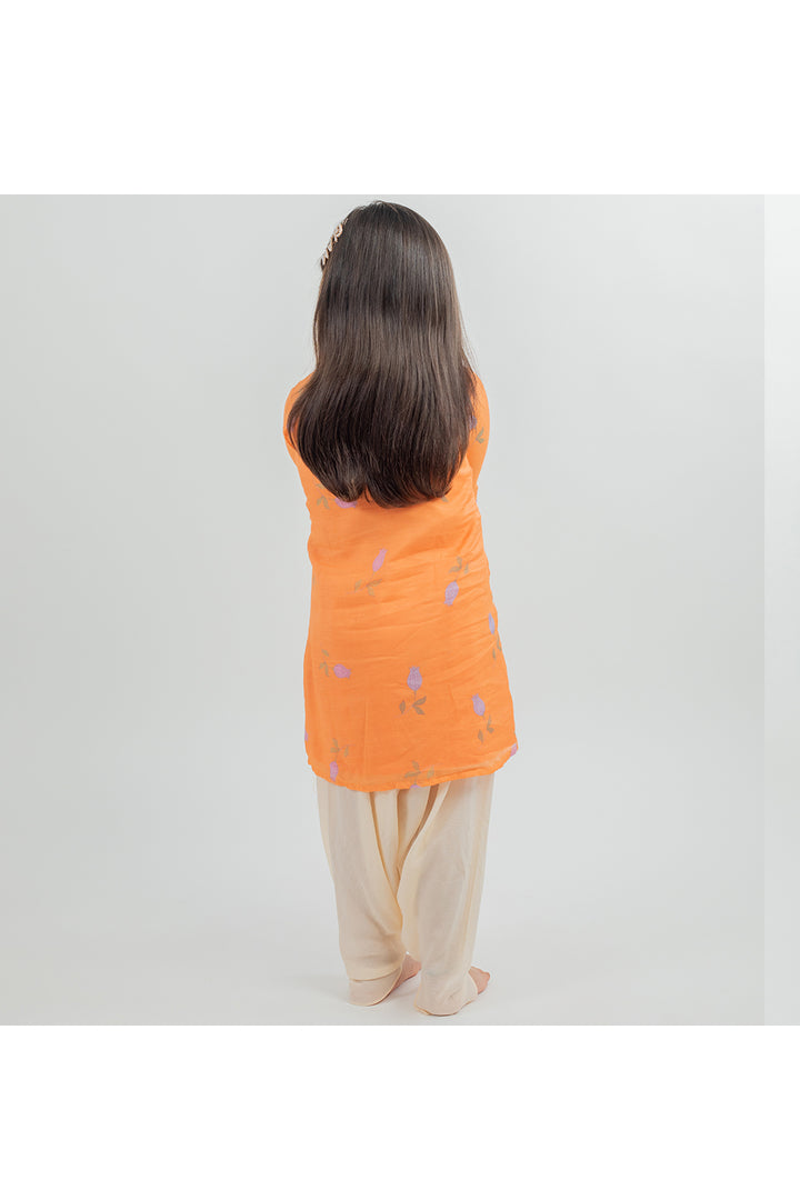 Orange muslin digital printed kurta with dhoti