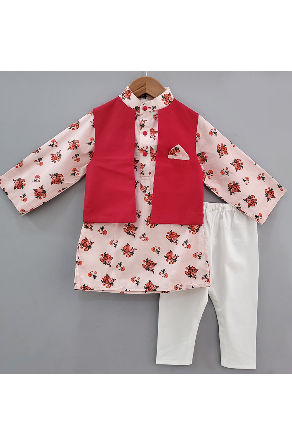 Red Rose Printed Kurta With Nehru Jacket And White Pyjama
