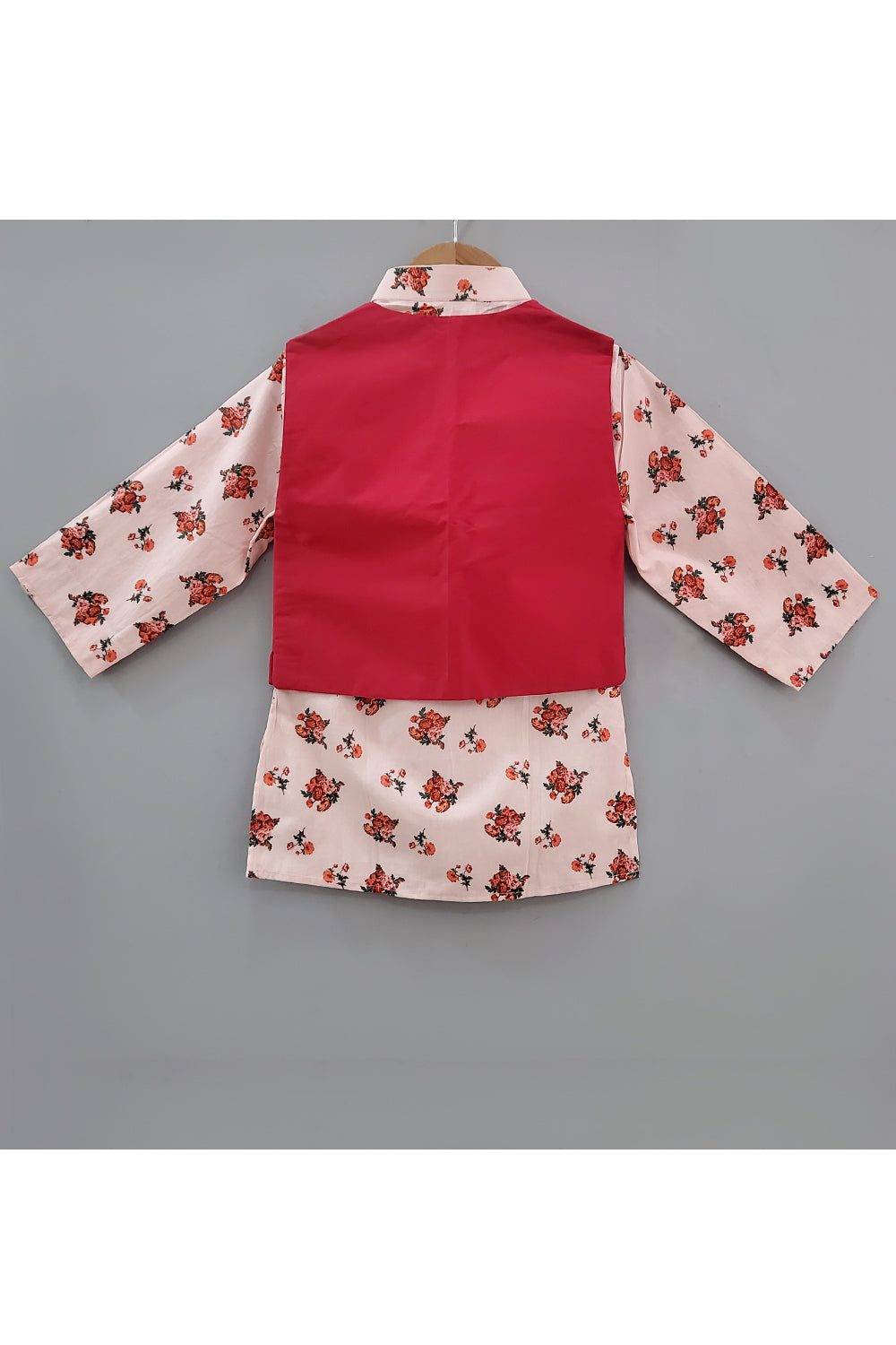 Red Rose Printed Kurta With Nehru Jacket And White Pyjama
