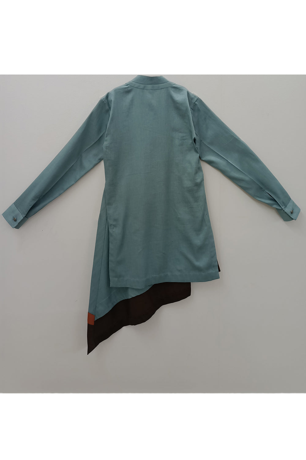 Teal blue draped kurta with brown pyjama set