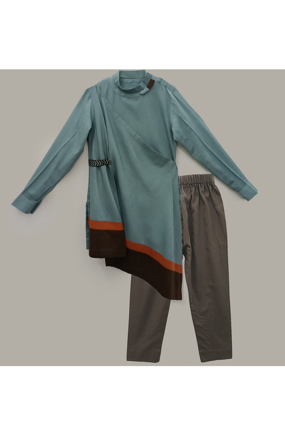 Teal blue draped kurta with brown pyjama set