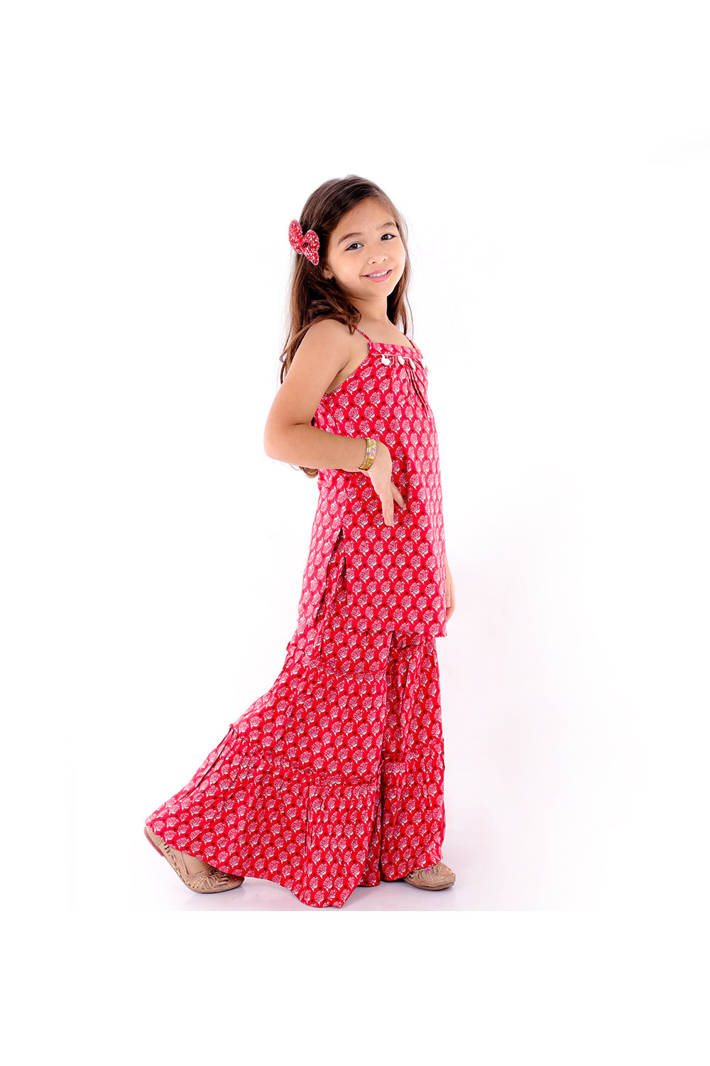 Red block printed kurta sharara set