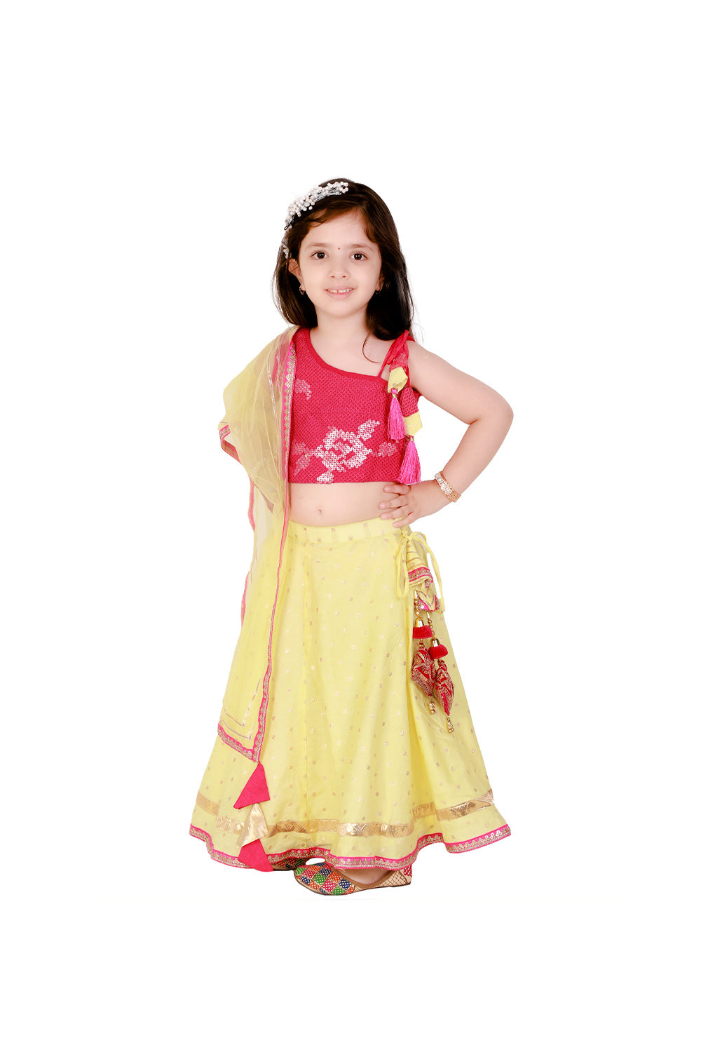 Magenta Sequins Embroidered One Shoulder Top With Lemon Yellow Lehenga Set