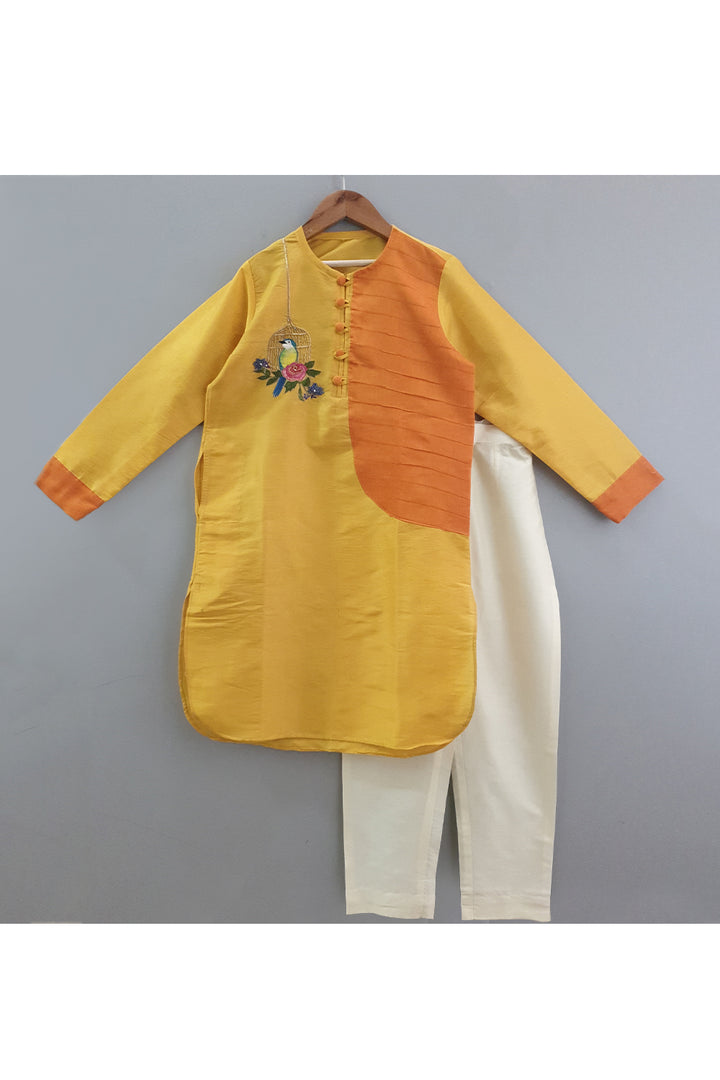 Yellow hand embroidered and painted birdcage kurta and pyjama