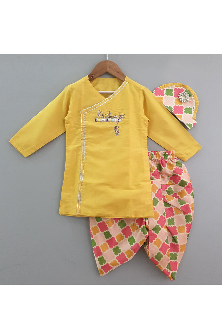 Krishna embroidered kurta and printed dhoti with mukut