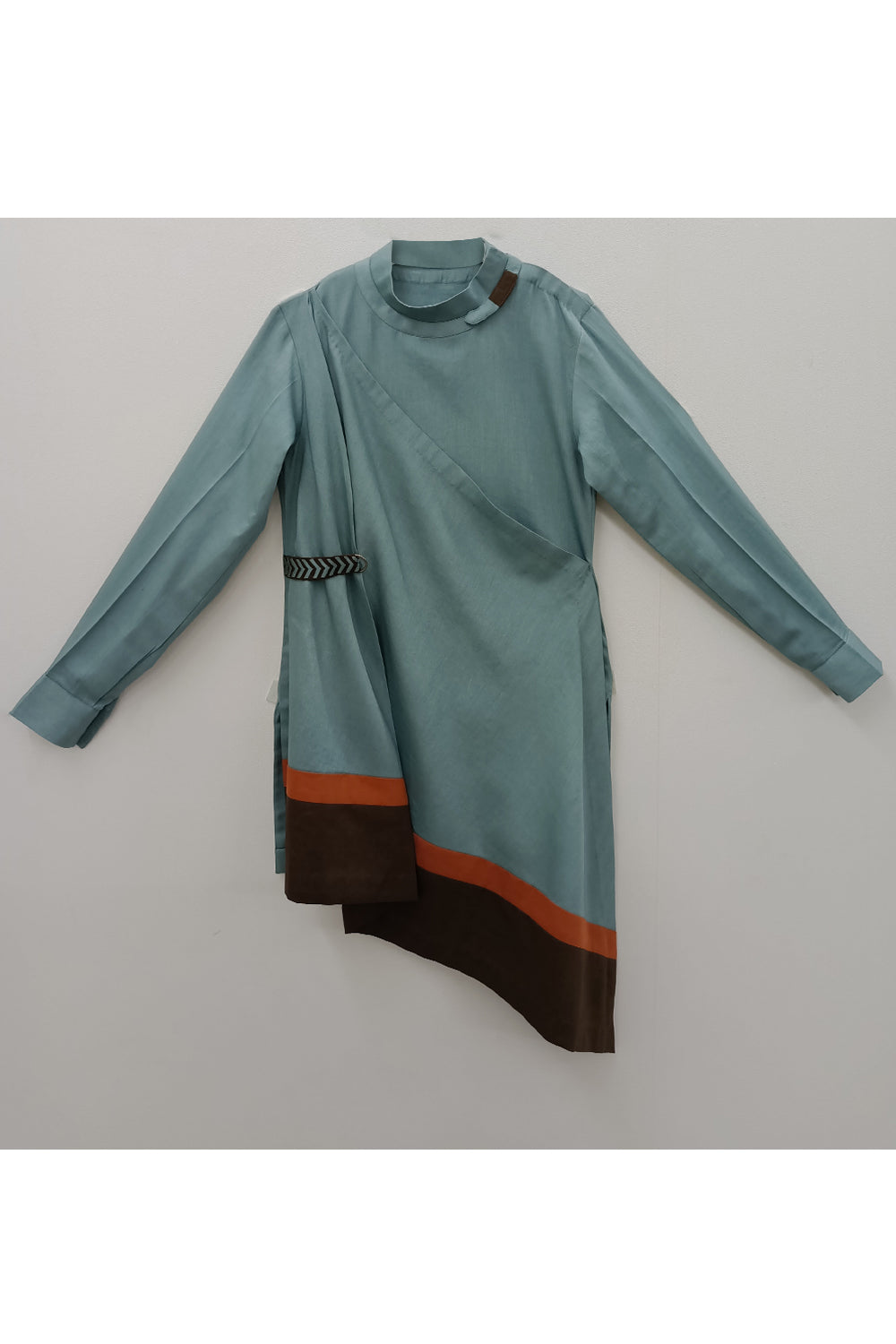 Teal blue draped kurta with brown pyjama set