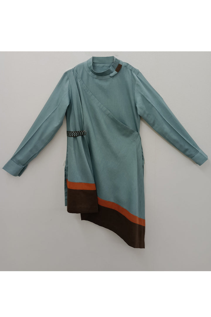 Teal blue draped kurta with brown pyjama set