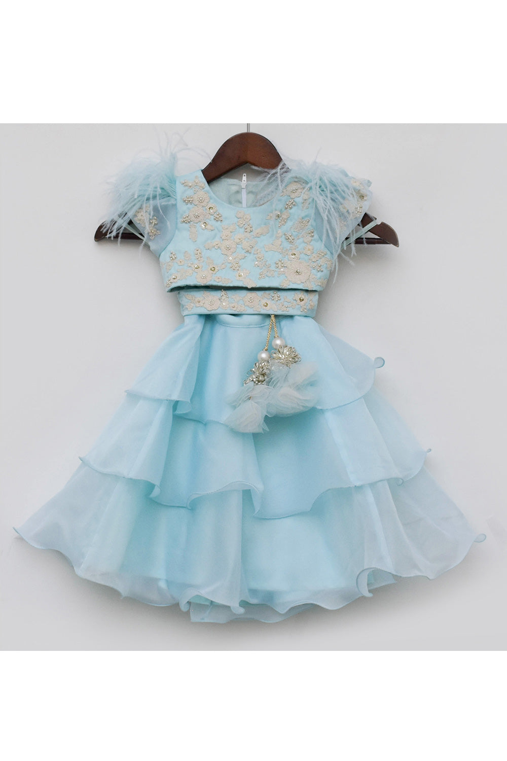 Blue Thread Embroidery Choli With Layered Lehenga Set