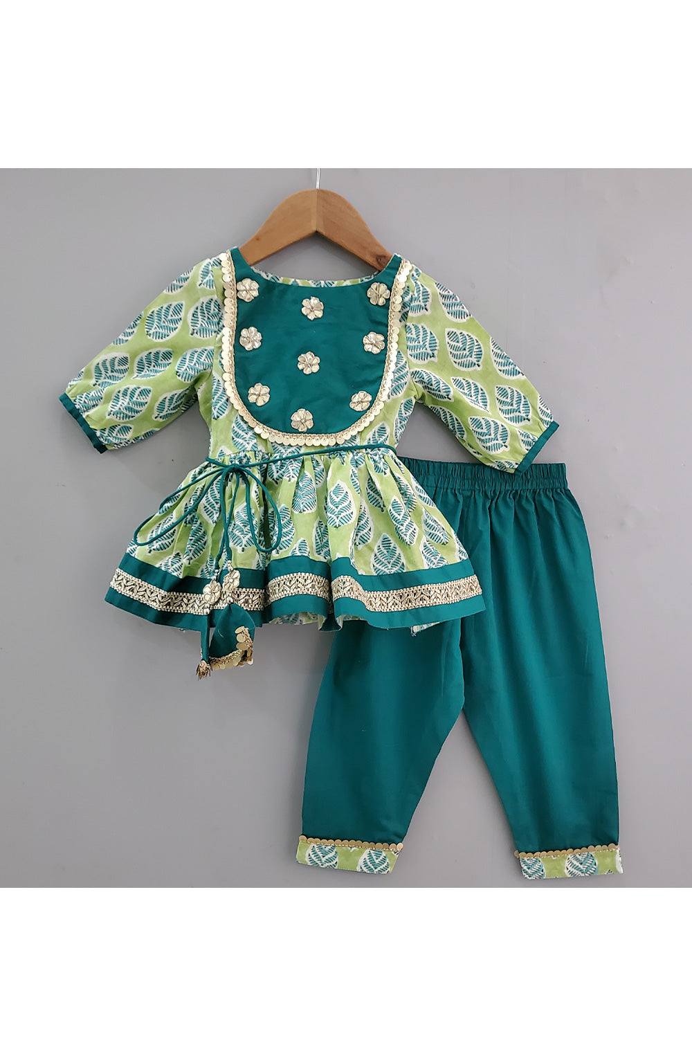 Parrot Green Printed Angrakha Style Kurta With Pant Set