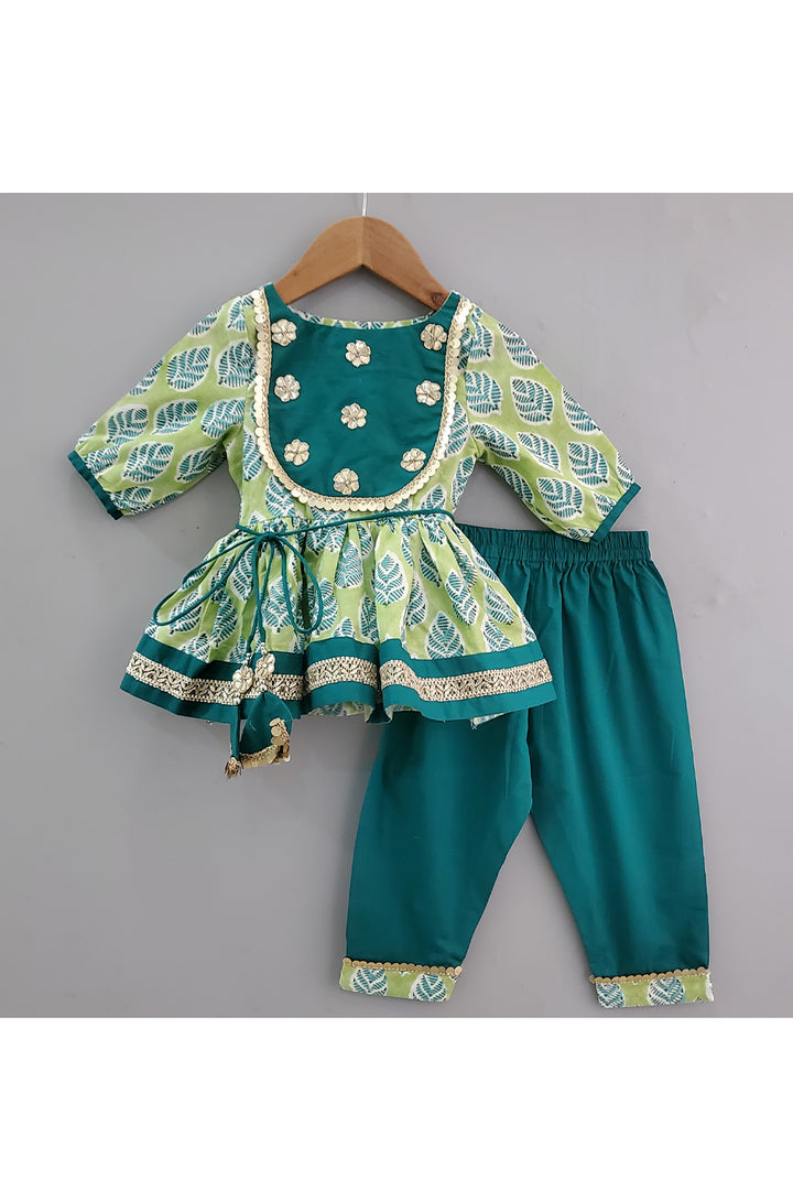 Parrot Green Printed Angrakha Style Kurta With Pant Set