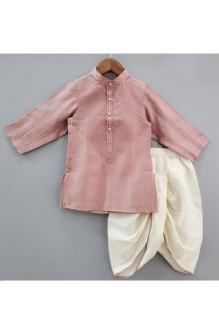 Pale Chestnut Maroon Thread Embroidered Kurta With White Dhoti Set