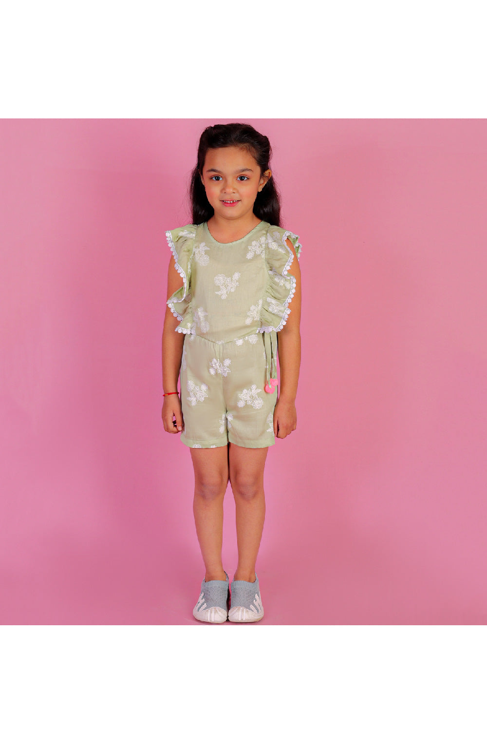 Olive Green Floral Printed Frill Jumpsuit